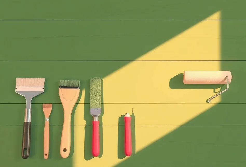 Outils de peinture disposés dans l'ordre des étapes du chantier