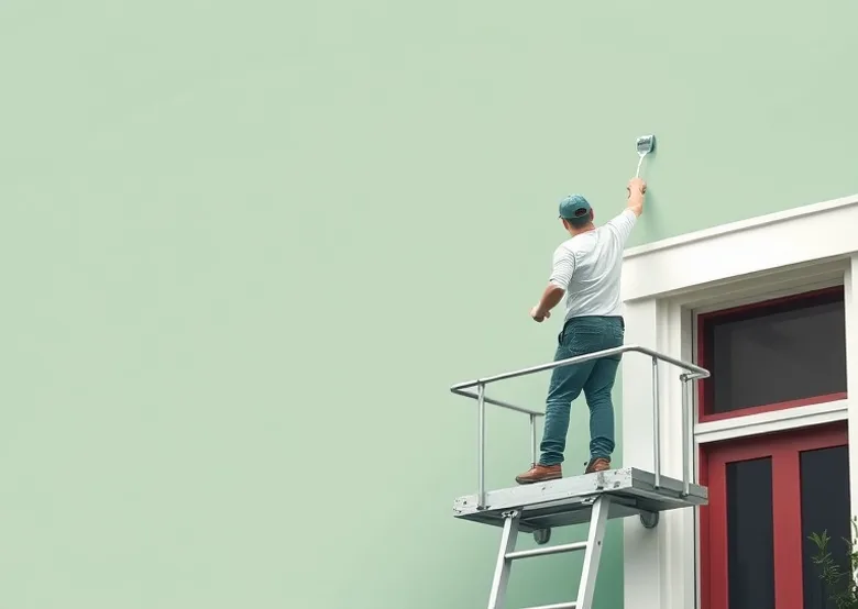 Peintre sur échafaudage traitant la façade d'une maison