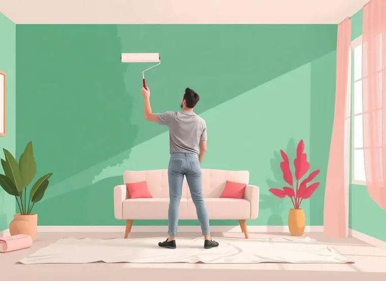Peintre appliquant la peinture au rouleau sur un mur de salon